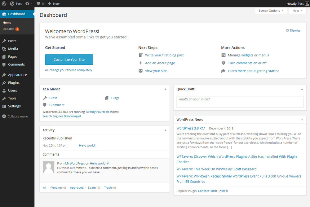 wordpress for business dashboard example
